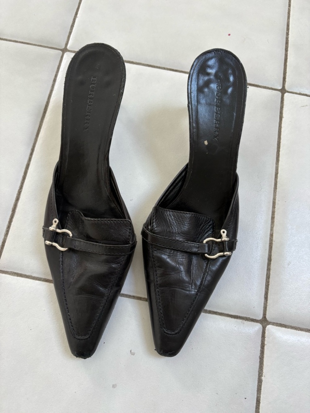 Burberry Black Leather Pointed Toe Slide Mules with Silver Hardware